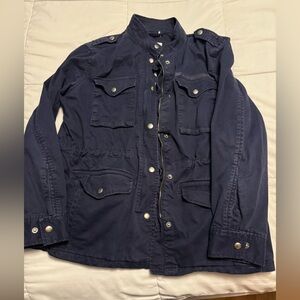 Navy Gap cargo jacket with zipper and snap. Adjustable waist string.